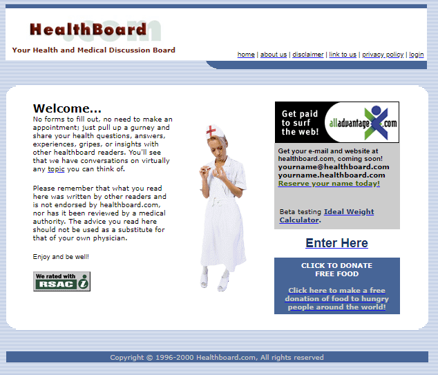 The original HealthBoard.com website circa 1996 — a health discussion forum